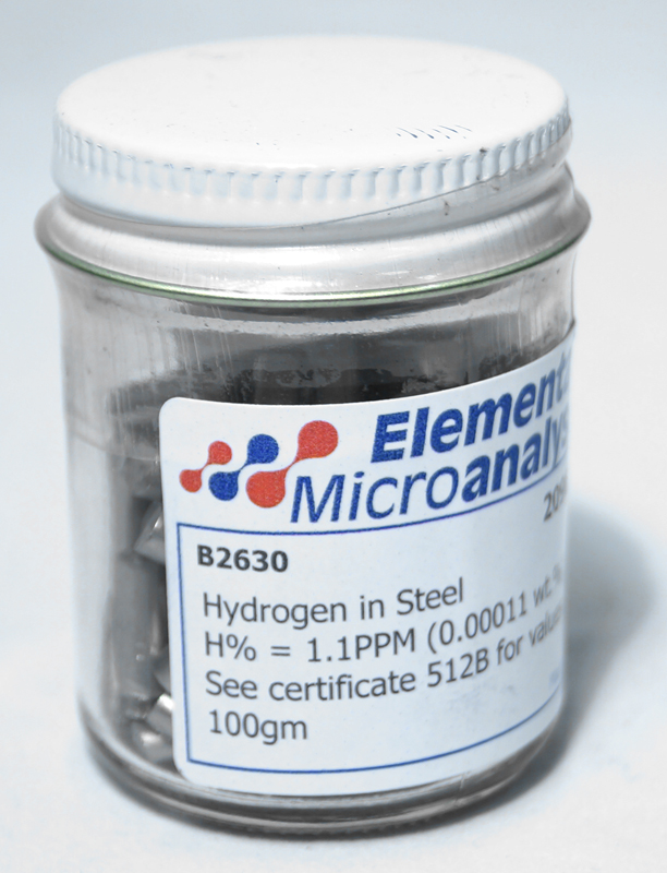 Hydrogen In Steel 1g Pin Approximate values 0.95ppmH 0.000095%H See certificate 922k for actual values. Contents: 100